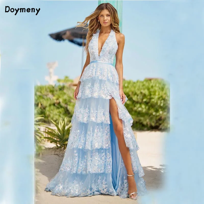 Doymeny Tiered Sequined Appliques Prom Dresses V-neck Halter Backless Split Sweep Train Sleeveless Evening Dresses فساتين السهرة