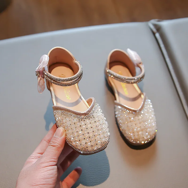 Summer New Girls Sandals Children\'s Shoes Little Girl Sweet Sequin Rhinestone Bow Princess Shoes Student Party Wedding Shoe H663