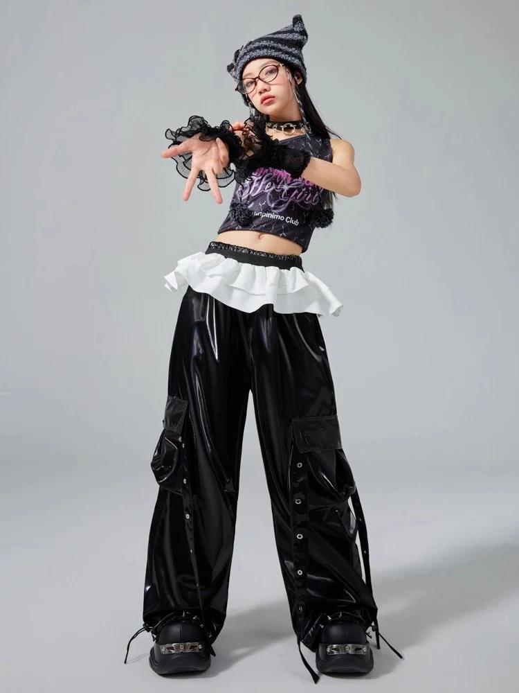 Kpop Jazz Dance Kleidung Hip Hop Kinder Leistung Anzug Sommer Nabel Tops Leder Hosen Mode Laufsteg Zeigen Straße Tragen BL16626