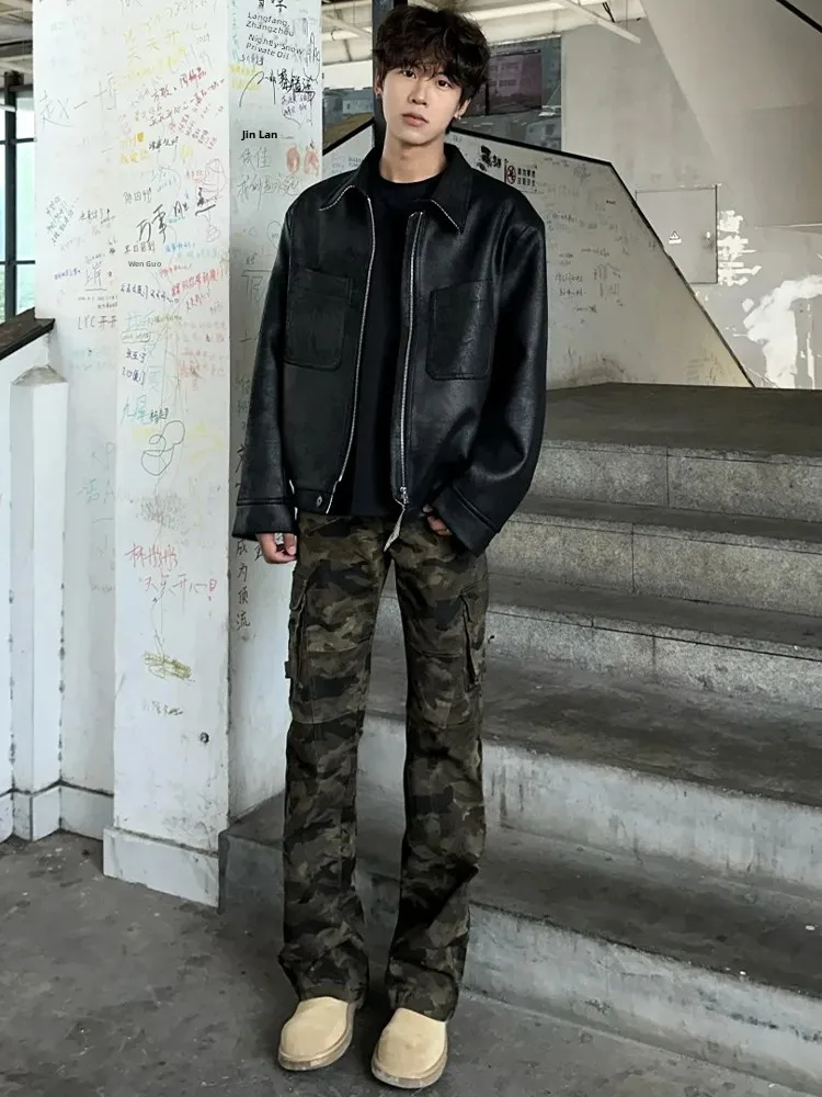 

American High Street Vibe Men's Slim Fit Camouflage Workwear Pants Flared Jeans Youthful Trendy Cotton Long Trousers