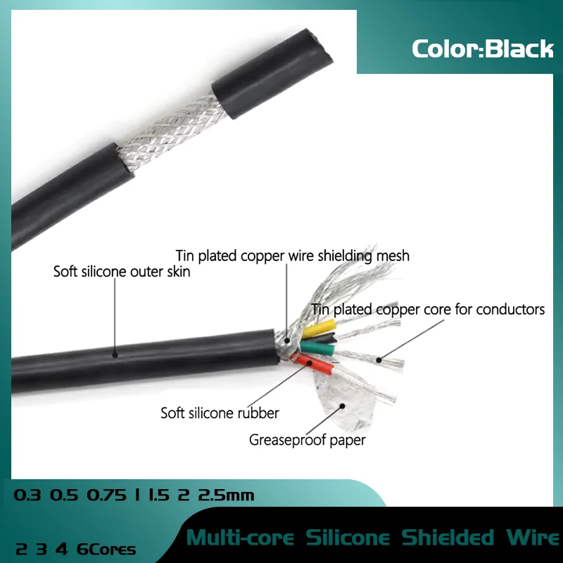 

5/10m Silicone Rubber Shielded Cable 0.3 0.5 0.75 1 1.5 2 2.5mm Insulated Flexible Copper High Temperature Wire 2 3 4 6Cores