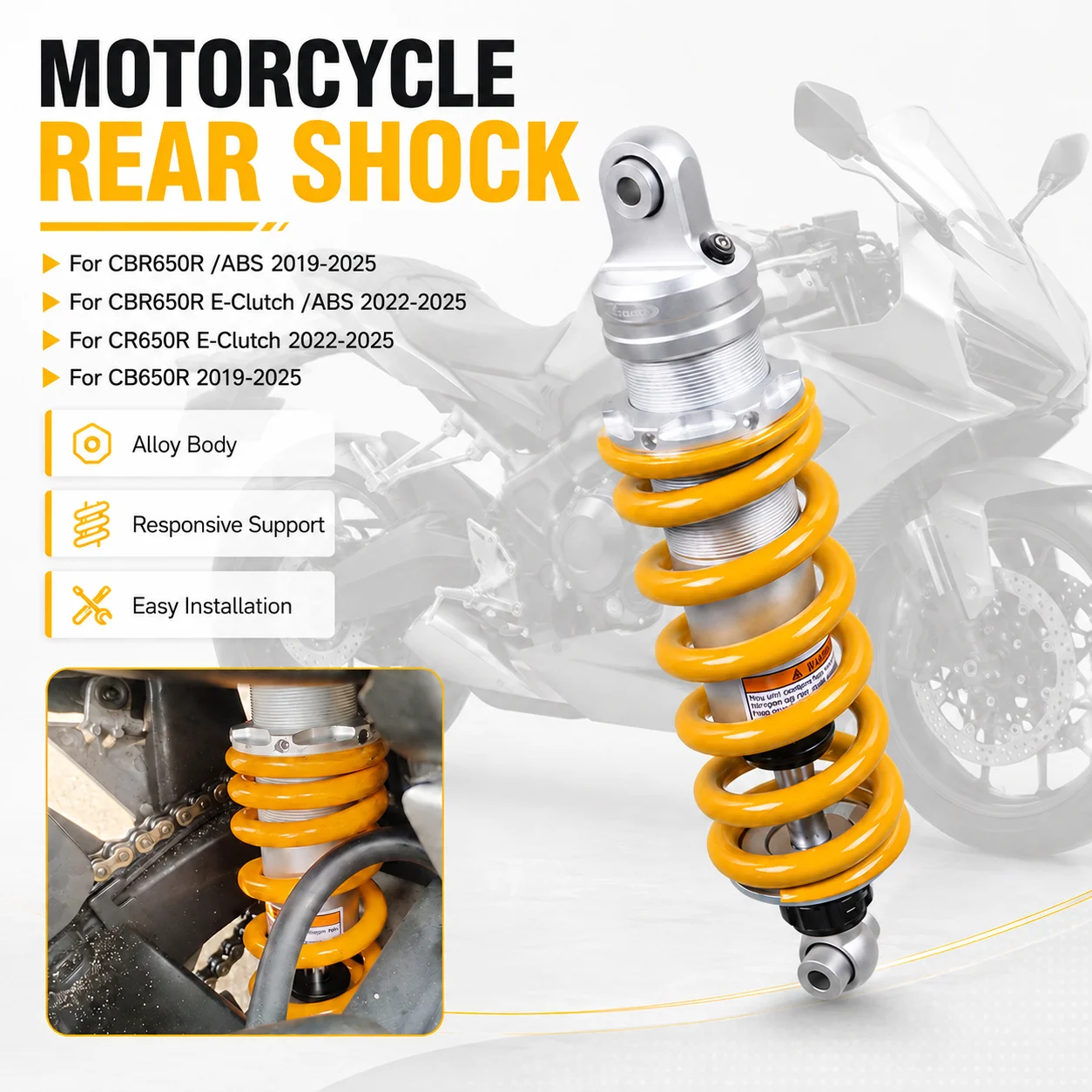 Rear Shock Absorber For Honda CBR650R CB650R 2019-2025 E-Clutch ARASHI 332mm Adjustable Motorcycle Suspension Damper