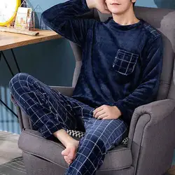 Winter Mens Pajamas Sets Soft Velvet Thermal Sleepwear 2 Pieces Set Flannel Pijamas for Men Casual Long Sleeves Fluffy Homesuits