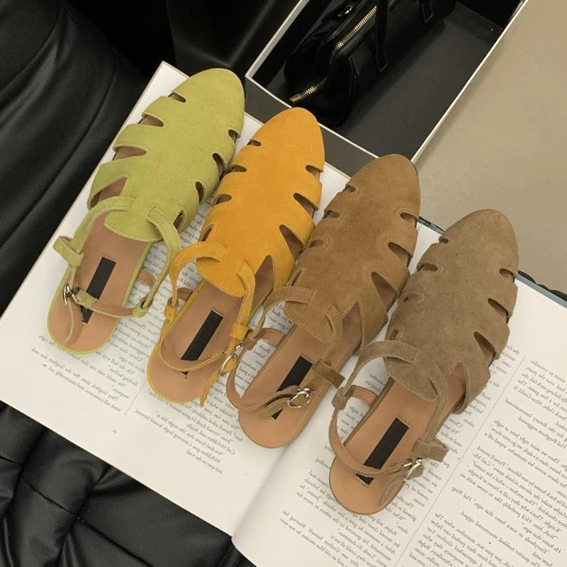 

AIYUQI 2025 new flat-soled women's sandals, retro cow suede sandals for women Hollow summer female shoes