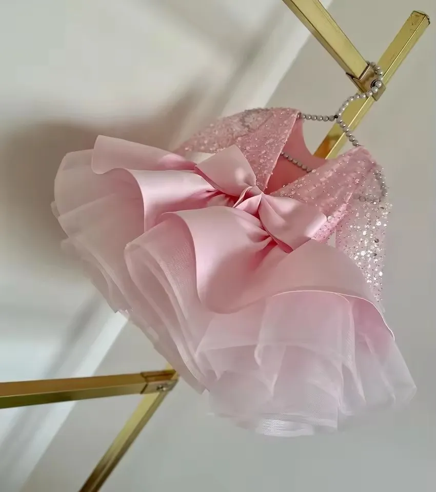 Luksusowa sukienka dla dziewczynki z kwiatami Fuscia Puff Girls Party Sukienki na wesele Bufiaste rękawy Tiulowa dziecięca świąteczna sukienka ceremonialna