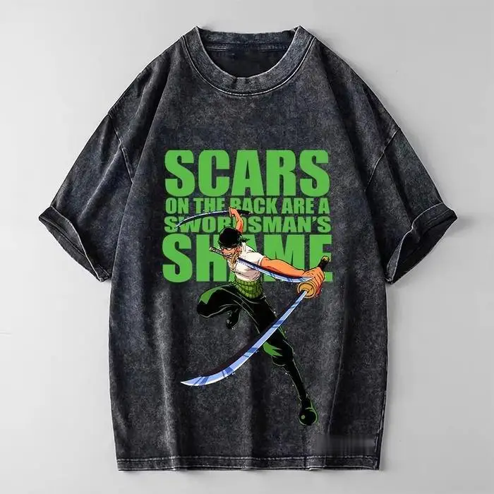 Vintage Wash T-Shirt für Herren und Damen – One Piece Zoro Baumwoll-Grafik-T-Shirt, Streetwear, Kurzarm, Oversize, Lässiges Oberteil, Sommermode 2026