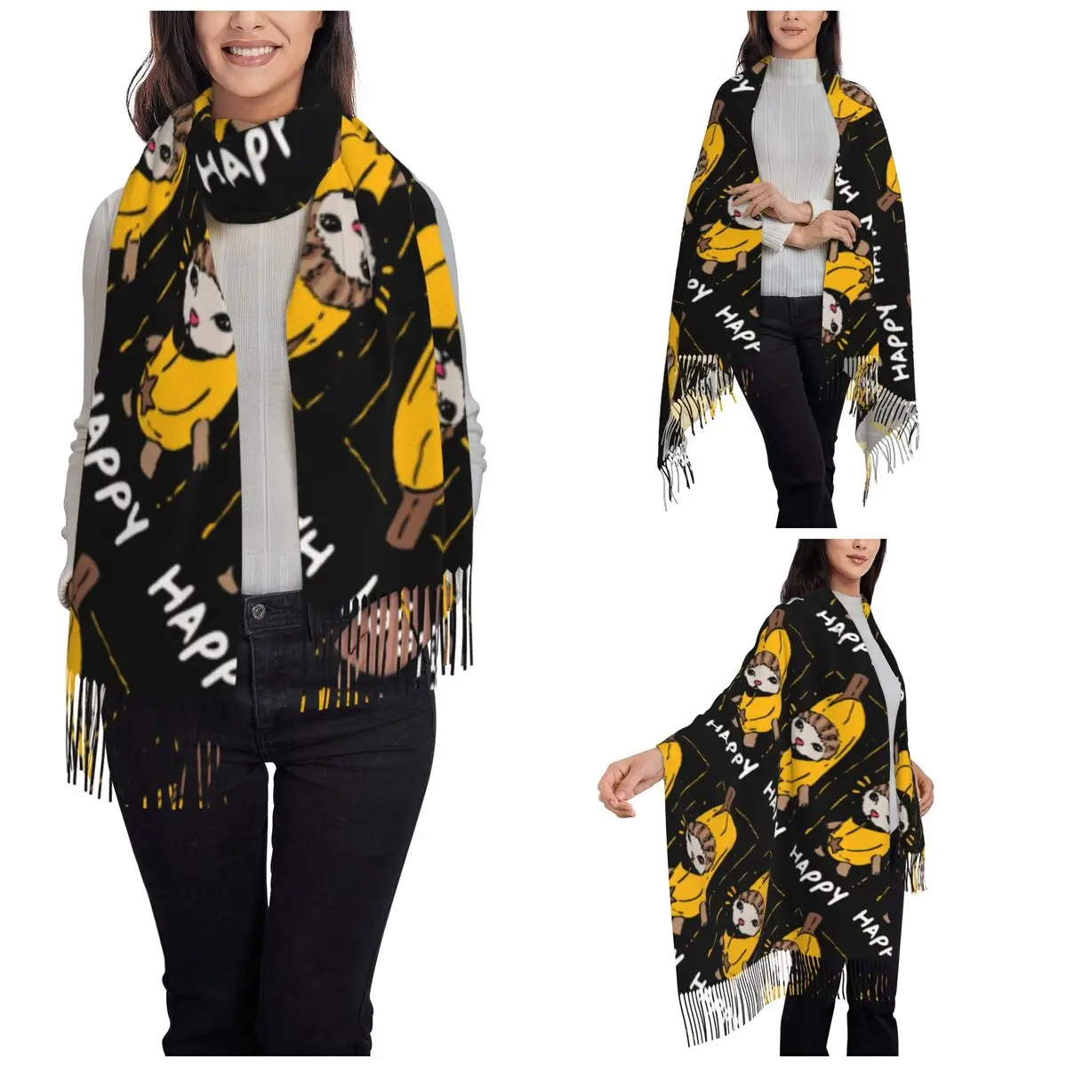 Happy Banana Cat Funny Meme Shawl Wrap Women Winter Large Soft Scarf Pashminas Tassel Scarves