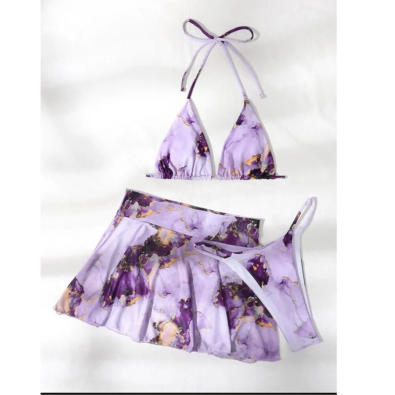 3PCS Printed Swimsuits High Waisted Two Pieces Tie Knotted Skirt Swimwear for Women and Girl