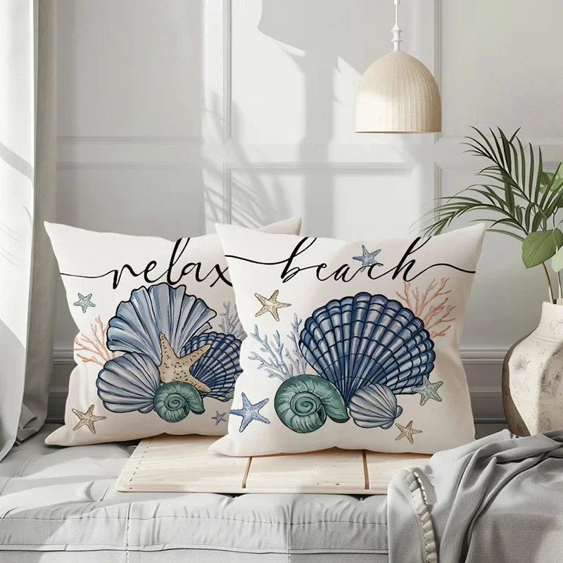 1PC Printed Pillowcase Ocean Scallop Sofa Cushion Cover Summer Letter Starfish Pillowcase Living Room Bedroom Pillow Case