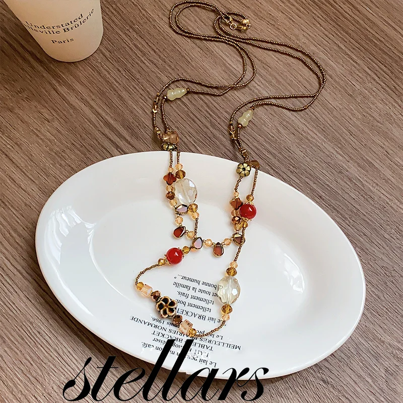 

Vintage Bohemian Style Ceramic Resin Teardrop Flower Crystal Pendant Necklace Court Style Light Luxury High-End Sweater Chain