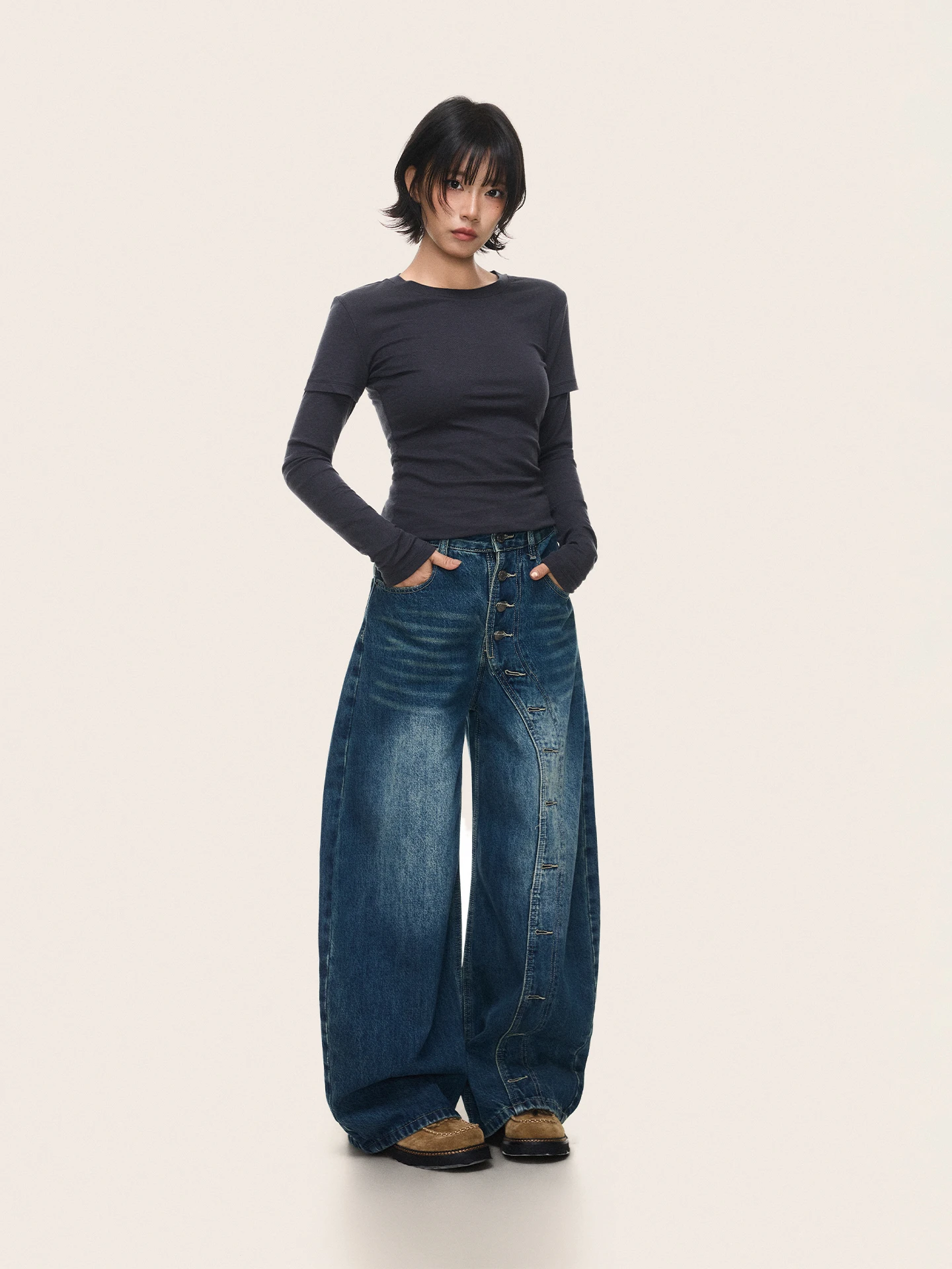 

Джинсы Sundayplan American Sle Vintage Waed с асимметричными пуговицами, широкими штанинами и эффектом стройности для мужчин и женщин