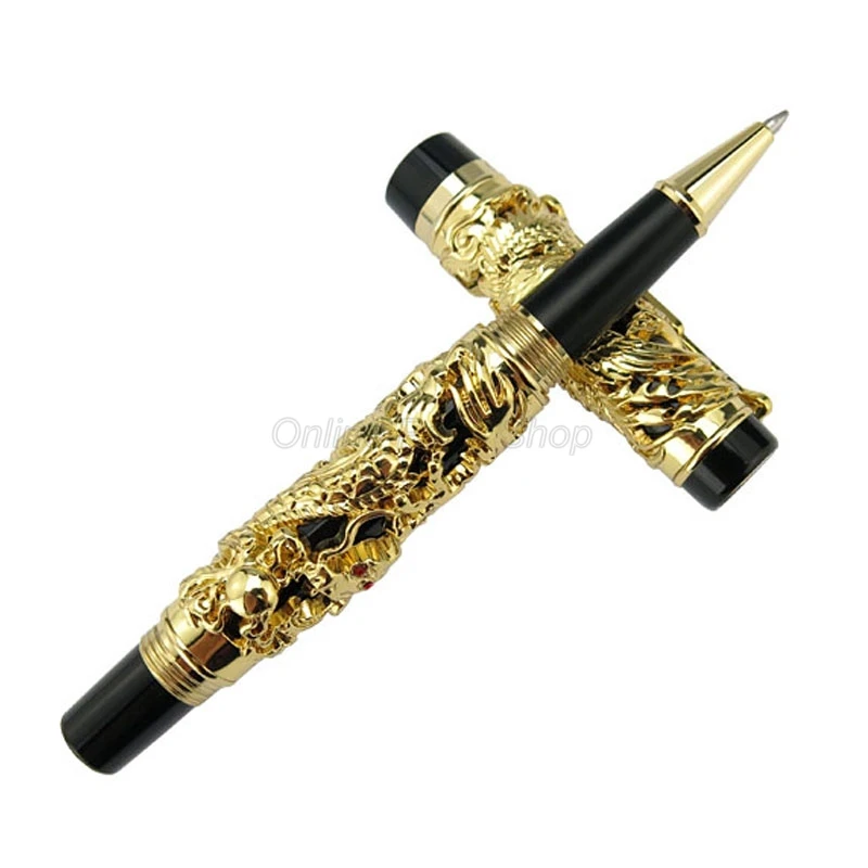 Jinhao Vintage Black and Gold Dragon And Phoenix Carving Embossing Heavy Roller Ball Pen Professional Office Stationery