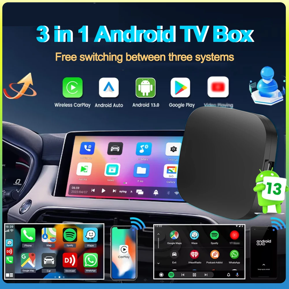 

Android 13 Carplay AI Box Wireless Android Auto Smart TV Box For Youtube Netflix Toyota Mazda Hyundai Haval GMC Ford MG VW Kia