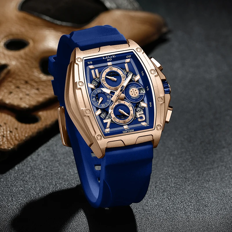LIGE デザイントップブランドの高級クォーツマンウォッチファッション防水スクエアメンズ腕時計シリコーンカジュアルスポーツミリタリー腕時計
