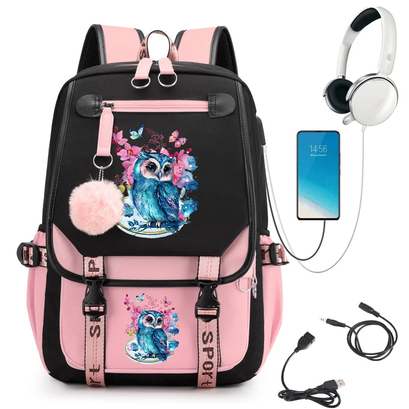 Mochila Anime Flor Coruja para Crianças, Saco de escola para crianças, Bookbag primário, Carregamento USB, Mochila adolescente para menina, Bagpack