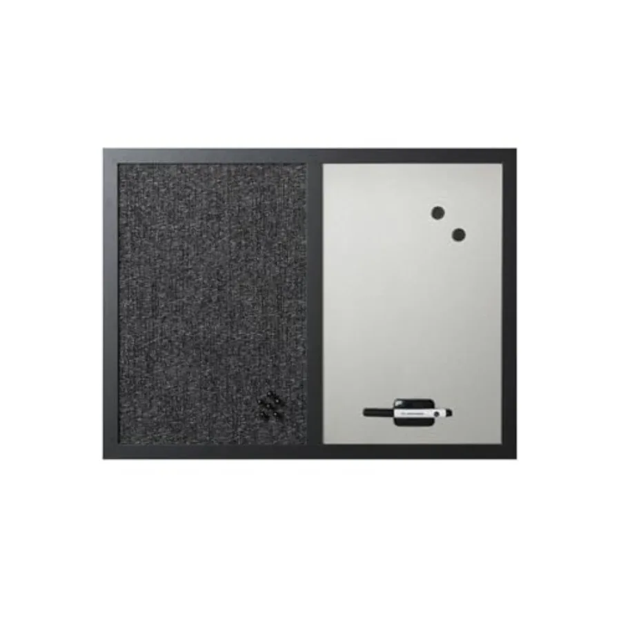 

18" x 24", Dry Erase Whiteboard and Bulletin Board Combo, Stylish Metallic Silver, Textured Black Fabric Push Pin Board, Black