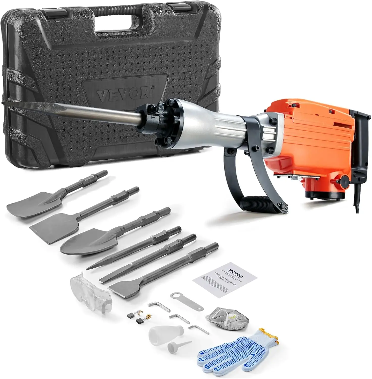 Martelo de demolição, martelo elétrico max 2200w resistente, 1350 bpm disjuntor de concreto cinzéis broca lascar com