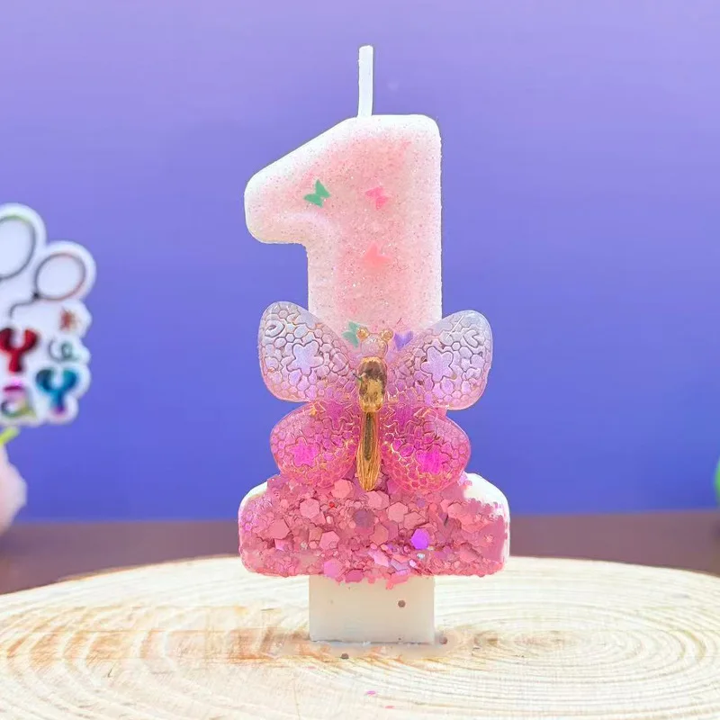 Pink and white gradient-colored butterfly decorated number candles, festive party gifts, birthday and anniversary candles