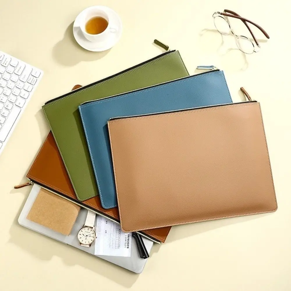 PU Leather A4 File Folder Zipper Bag Large Capacity Business Briefcase Waterproof High-grade File Storage Clip Conference