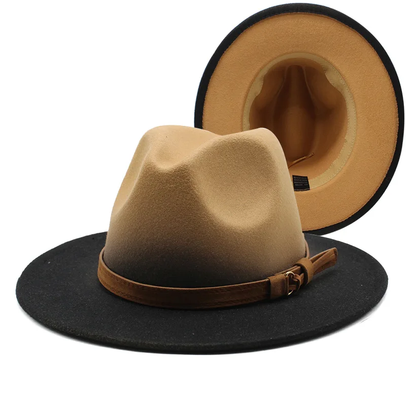 قبعة رعاة البقر السميكة الصوفية ذات الحواف الكبيرة على الطراز الأوروبي الأمريكي الجديد، قبعة علوية متدرجة بلونين للرجال والنساء، قبعة لباد الجاز #2