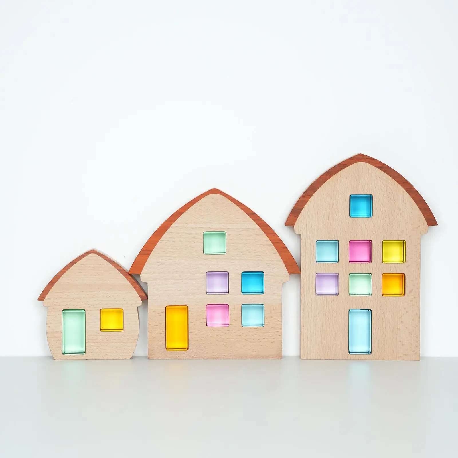 Ensemble de maison en bois 3x, jouet à empiler, jouet éducatif précoce, en bois coloré