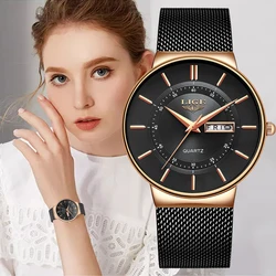 LIGE Women Watches Luxury Brand Ultra-thin Calendar Week Quartz Watch Ladies Mesh Stainless Steel Waterproof Gift reloj muje+Box