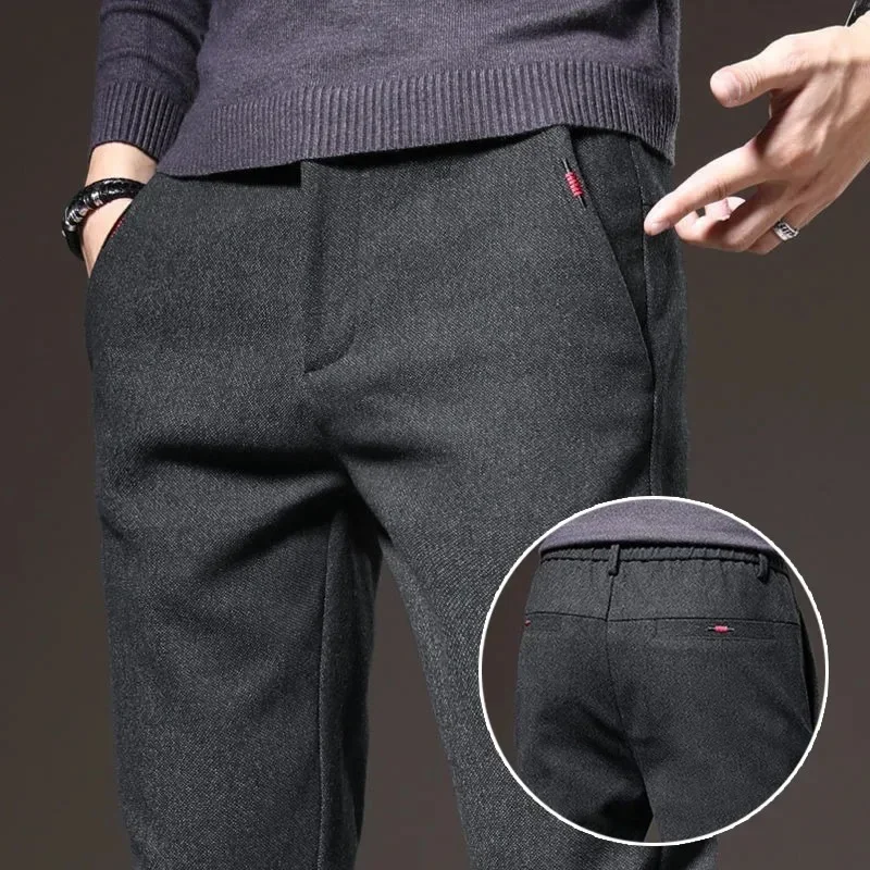 

Spring Autumn Men's Casual Pants Business Fashion Elastic Waist Slim Fit Stretch Thick Gray Black Cotton Trousers Male