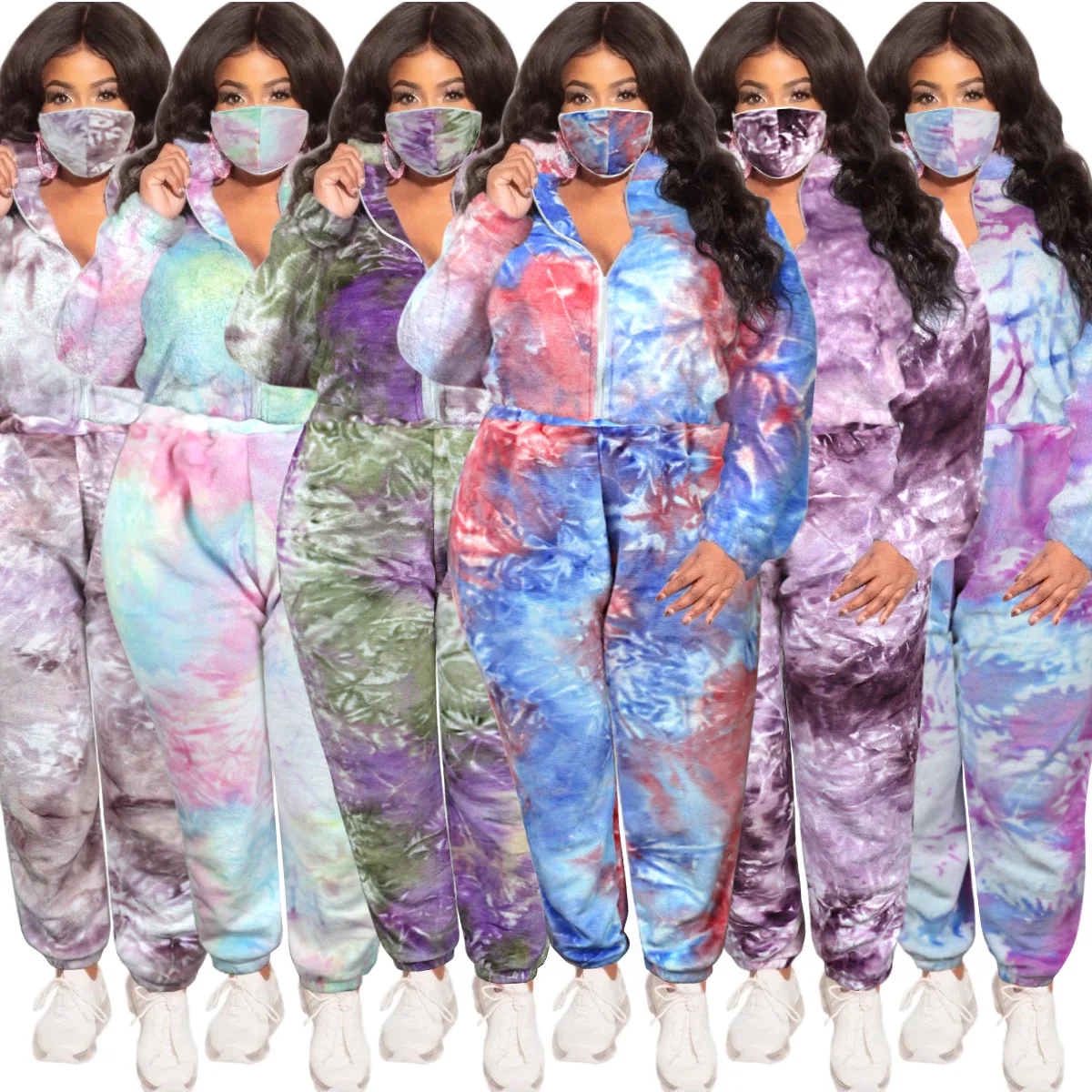 

Hot Fashion Casual Three-piece Set Sports Suit Flannelette Tie-dye Mask/Sweatshirt/Long Pants 3 Piece Sets Womens Outfits