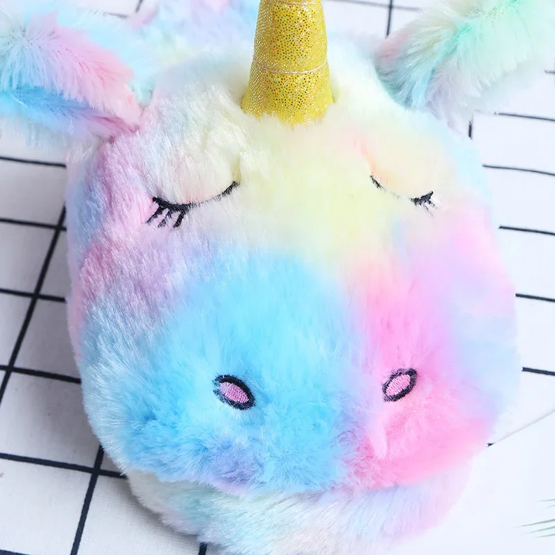 Chinelos bonitos do unicórnio dos desenhos animados para mulheres, chinelos peludos, algodão, casual, quente, casa sapatos para senhoras, slides de pelúcia, feminino, inverno