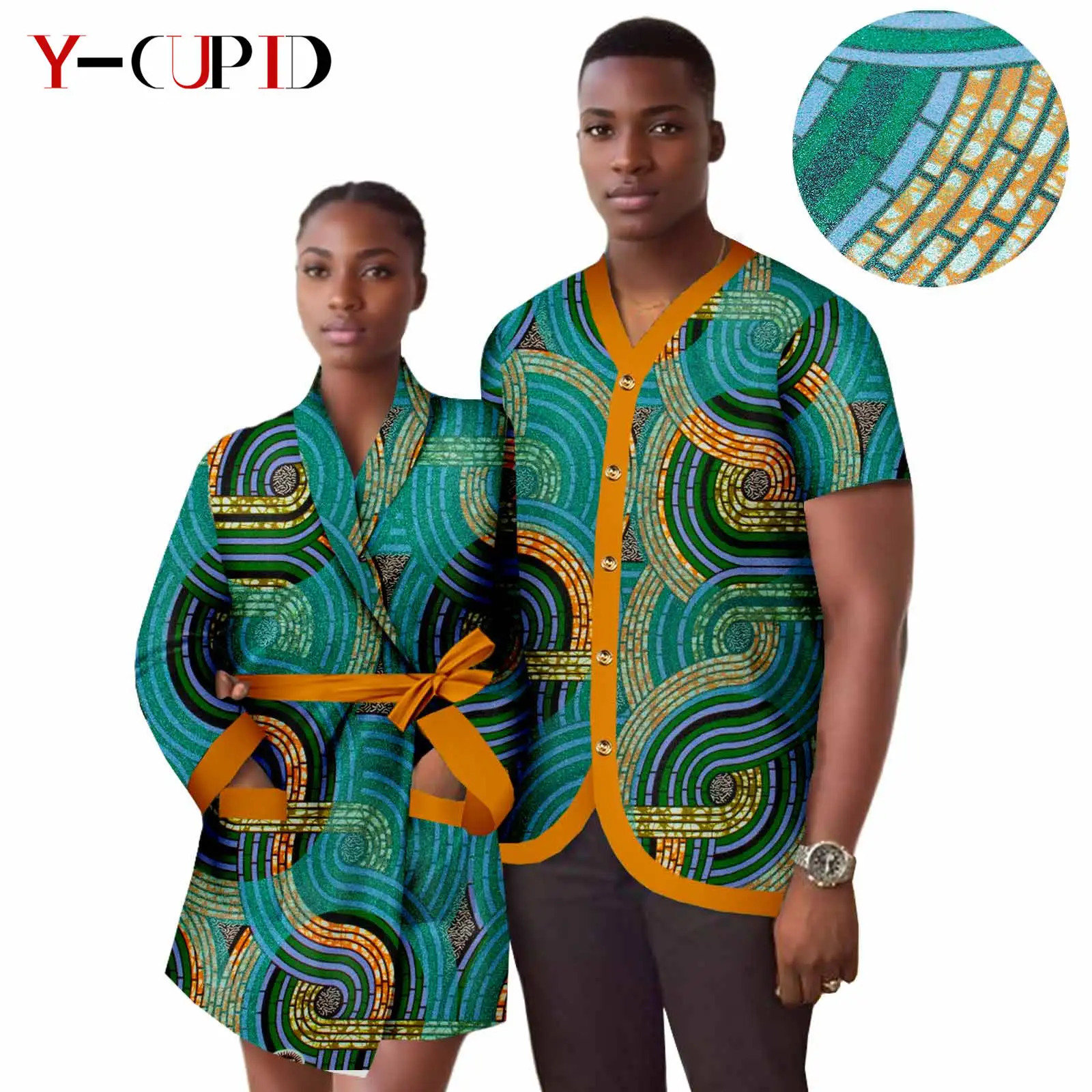 

African Print Dresses for Women Trench Coat with Belt Couple Matching Clothes Bazin Riche Men Outfits Metallic Shirt 24C033