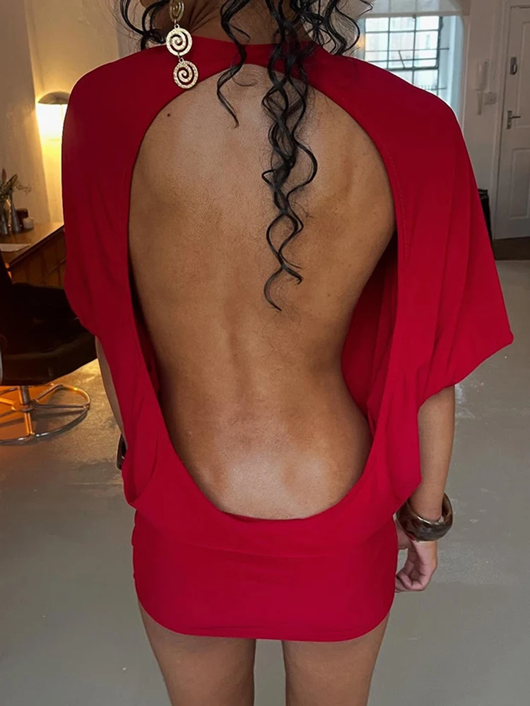 kliou Solid Backless Women Mini Dress Sexy Half Sleeve Crew Neck Slim Vestidos Attractive Coquette Skinny Mujer Party Bodycon