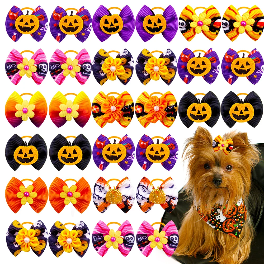 60PCS Pet Dog Puppy Hair Bows with Cute Pumpkin/Flowers Dog Hair Accessory Dog Grooming Bows with Rubber Bands