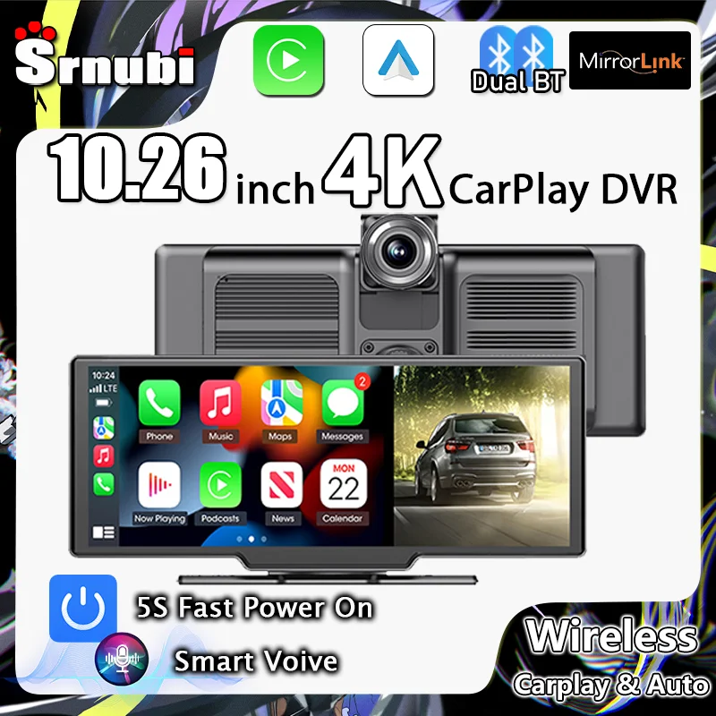 

10.26" 4K DVR Wireless CarPlay & Android Auto Dash Cam GPS Navigation 24h Park Monitor Dashboard Video Recorder Rear View Mirror