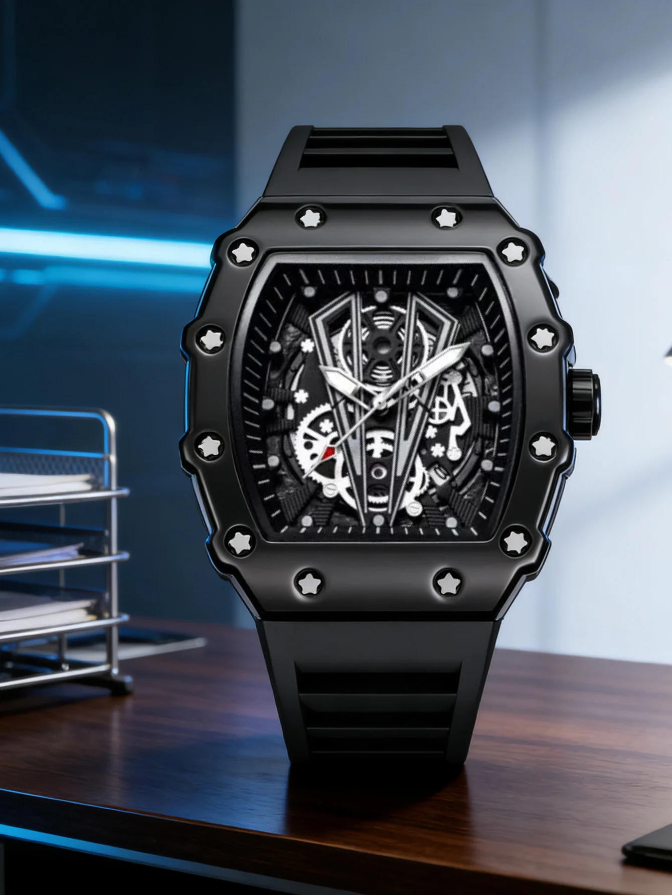 

Часы Tonneau Skeleton в стиле Richard - роскошные спортивные кварцевые наручные часы с двухцветным корпусом и силиконовым ремешком