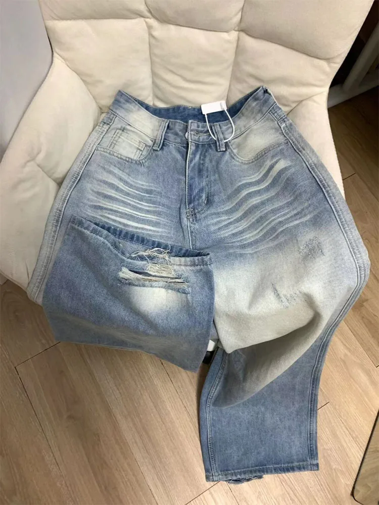 

American Vintage Wide Leg Pants Ripped Hole High Waist Fashion Simple Blue Jeans Casual Denim Trousers Korean Trend Clubwear Y2K