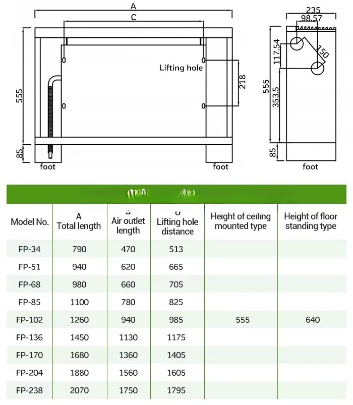 Unidade de bobina de ventilador exposta universal (FCU) para sistemas de piso e parede em água Fancoil para aquecimento e resfriamento