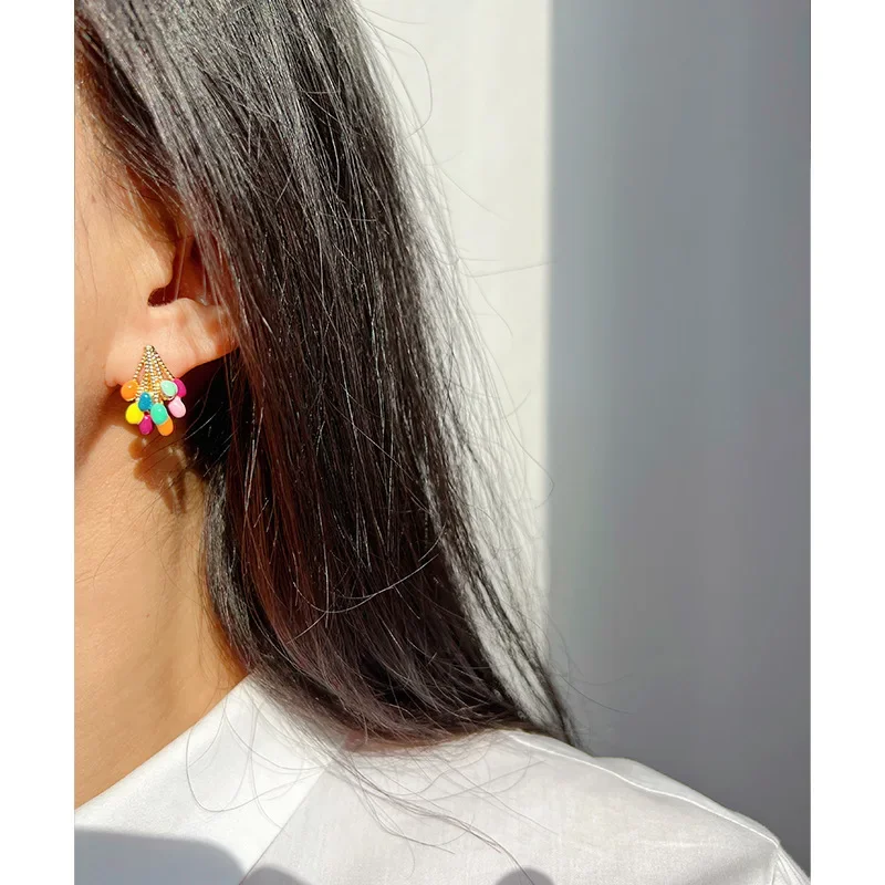 

Colorful Enamel Drop Glaze Temperament Earrings Women's High Sense Ins Niche Design Macaron 925 Silver Needle Stud Earrings