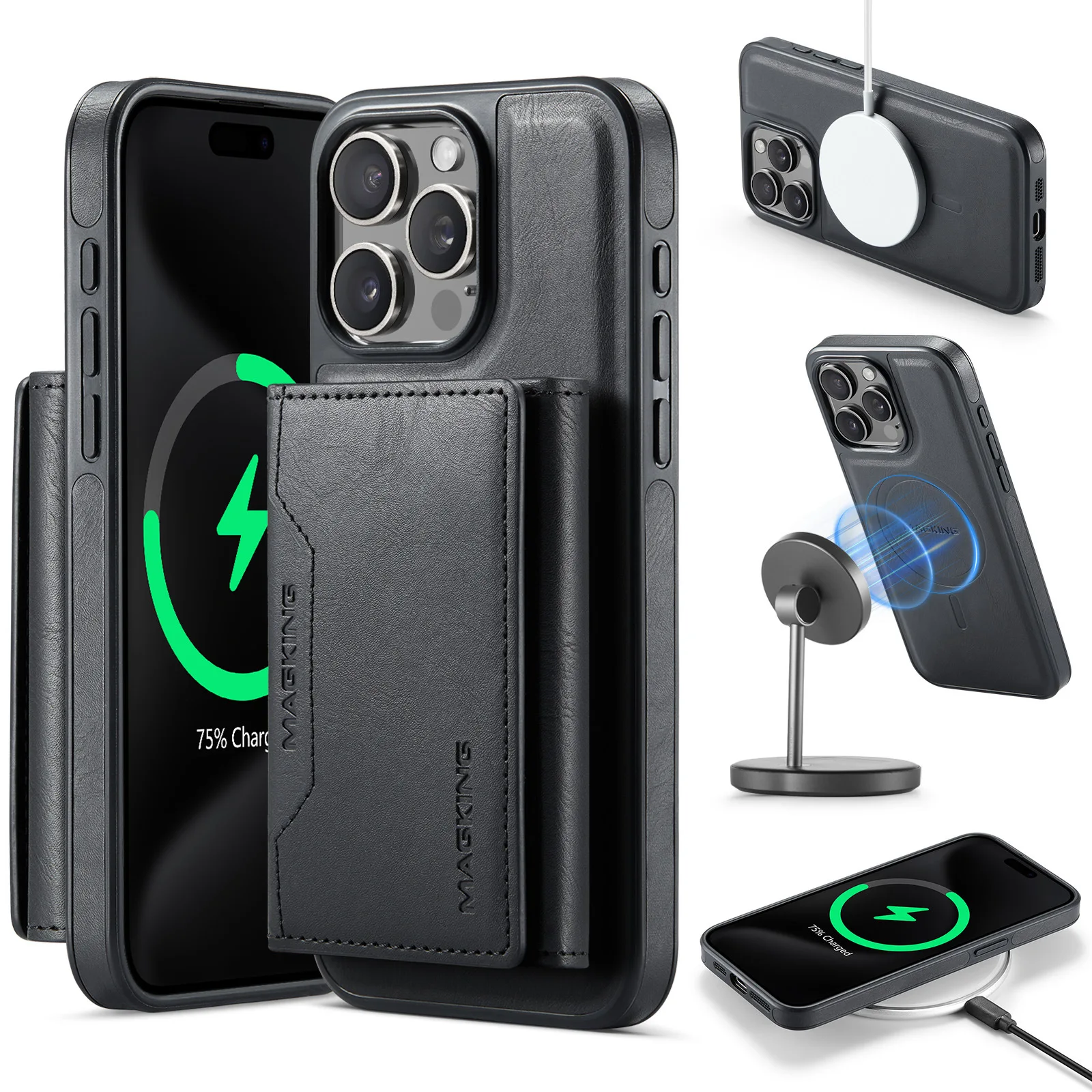 

2 в 1, съемный магнитный чехол Solt Wallet из искусственной кожи для iPhone 16 ProMax 15 Plus 14 13 12 для беспроводной зарядки Magsafe