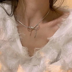 Minimalist Coquette Stainless Steel Bowknot Snake Chain Necklace for Women Y2K Aesthetic Korean Fashion Grunge Necklace Jewelry