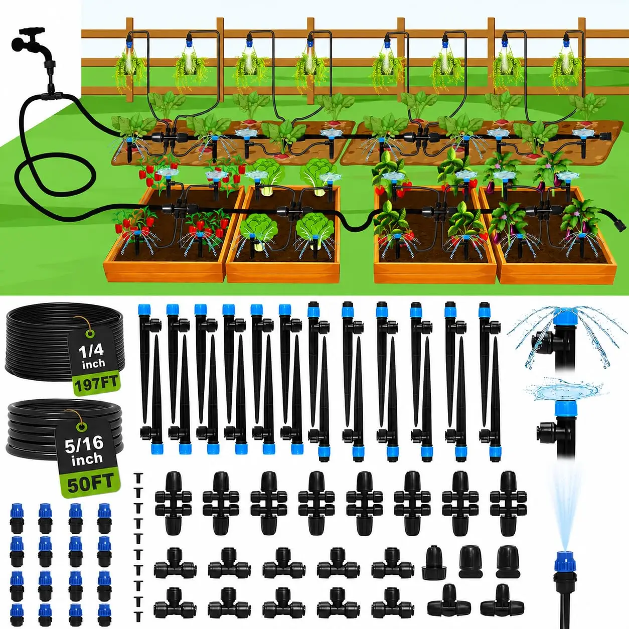 247FT Drip Irrigation System - 50FT 5/16" Mainline, 197FT 1/4" Tubing, Quick Connect, 70% Water Savings