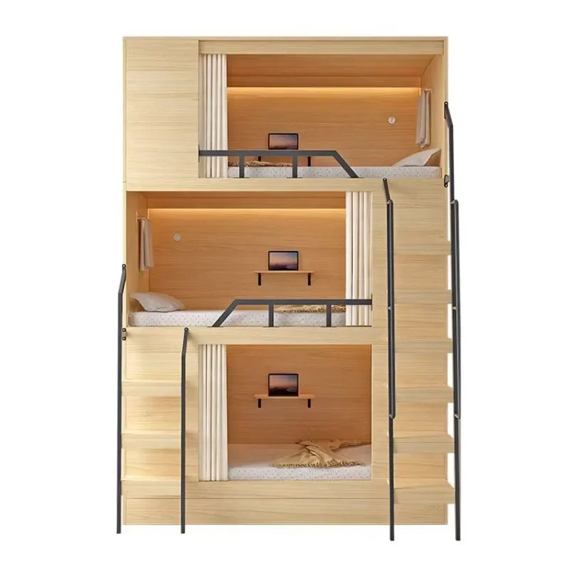 Space Capsule Bed Triple Bunk Bed for Hostel Dormitory Apartment Hotel Student Staff Sleeping Pod with Privacy Curtain Space