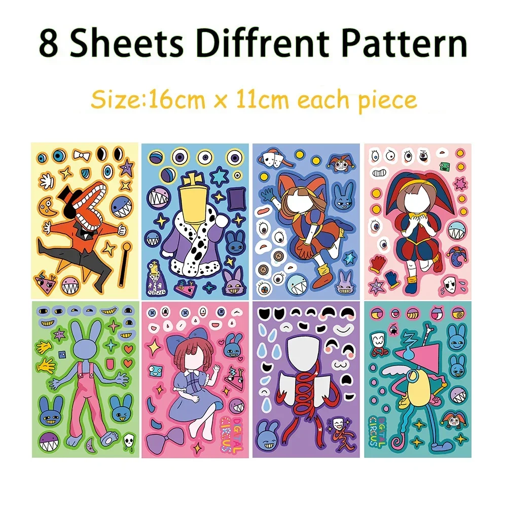 8/16Sheets The Amazing Digital Circus Stickers Kawaii Puzzle Sticker Cute Make A Face DIY Cartoon Sticker Kids Birthday Gift Toy