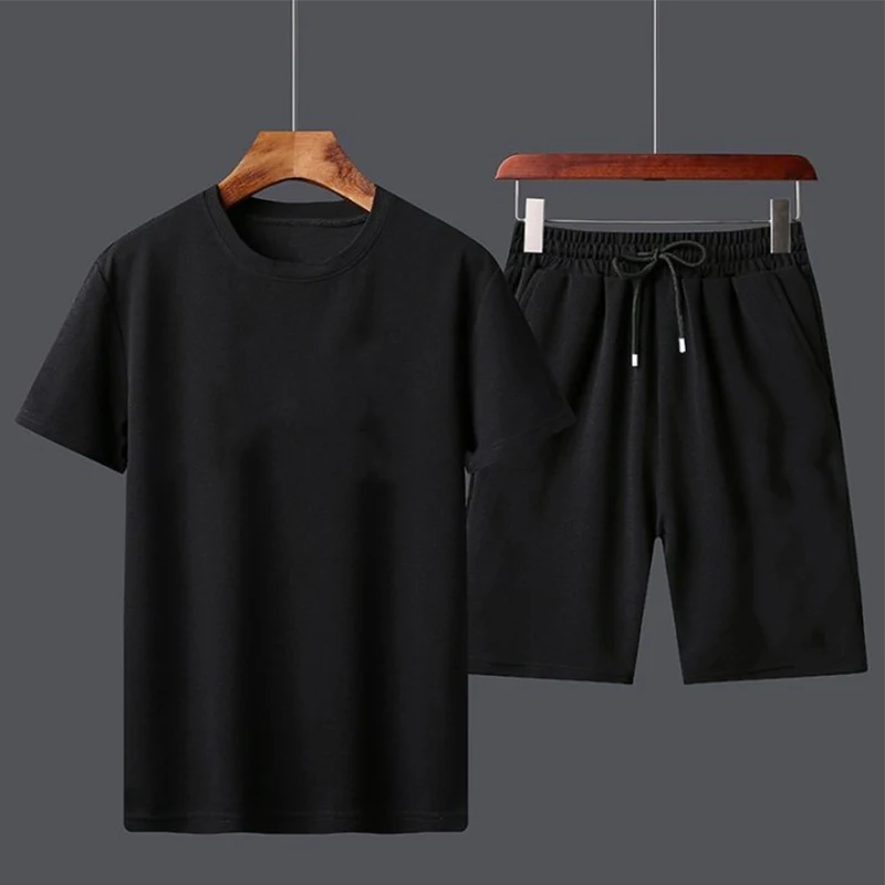 Summer New Men\'s Short-sleeved T-shirt Shorts Two-piece Sports Casual Suit Solid Color Summer Suit