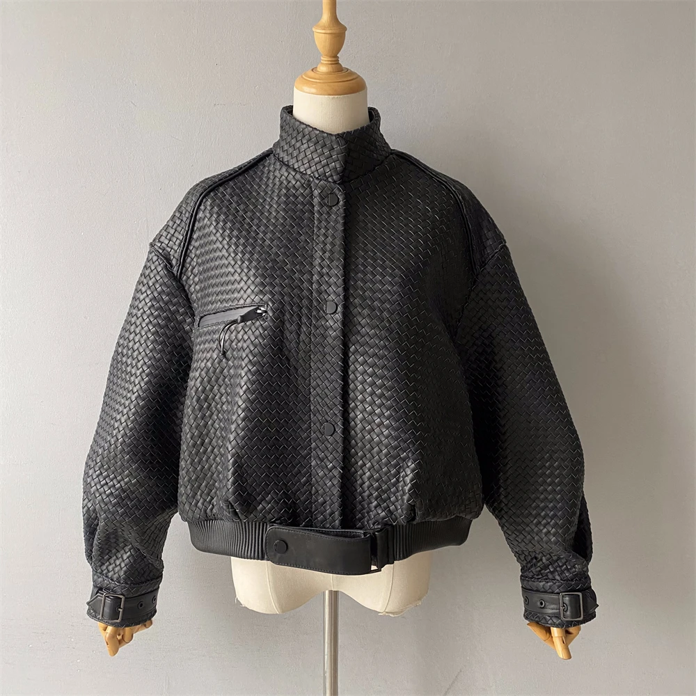 Jxwatcher feminino casaco de pele de carneiro natural outono europeu e americano moda curta motocicleta casual mão-tecido jaqueta de couro 2025