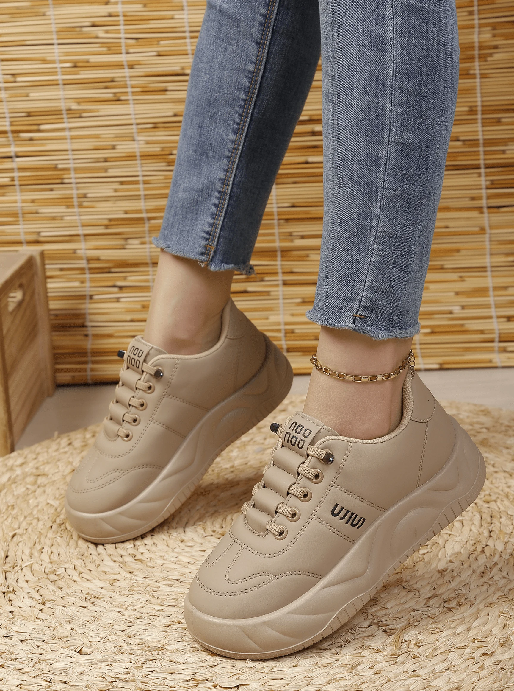 Damen-Plateau-Sneaker - Dicksohlige, einteilige, zum Überziehen und Schnüren geeignete Freizeitschuhe - Modische und vielseitige Laufschuhe – Detail 3