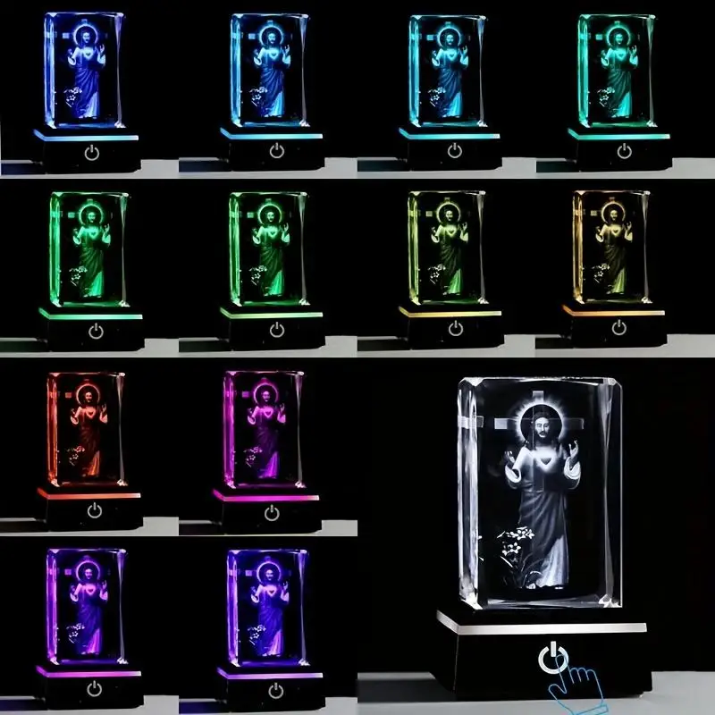 

Jesus Crystal 3D Engraving With LED Base, USB Charging, Cross Statues Religious Gift For Christmas Home Office Bedroom Decor
