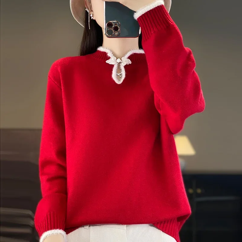 

Autumn Winter Women New Wool Blend Sweater Chinese Style Standing Collar Pullover Bottoming Shirt Casual Warm Knitting Top A458