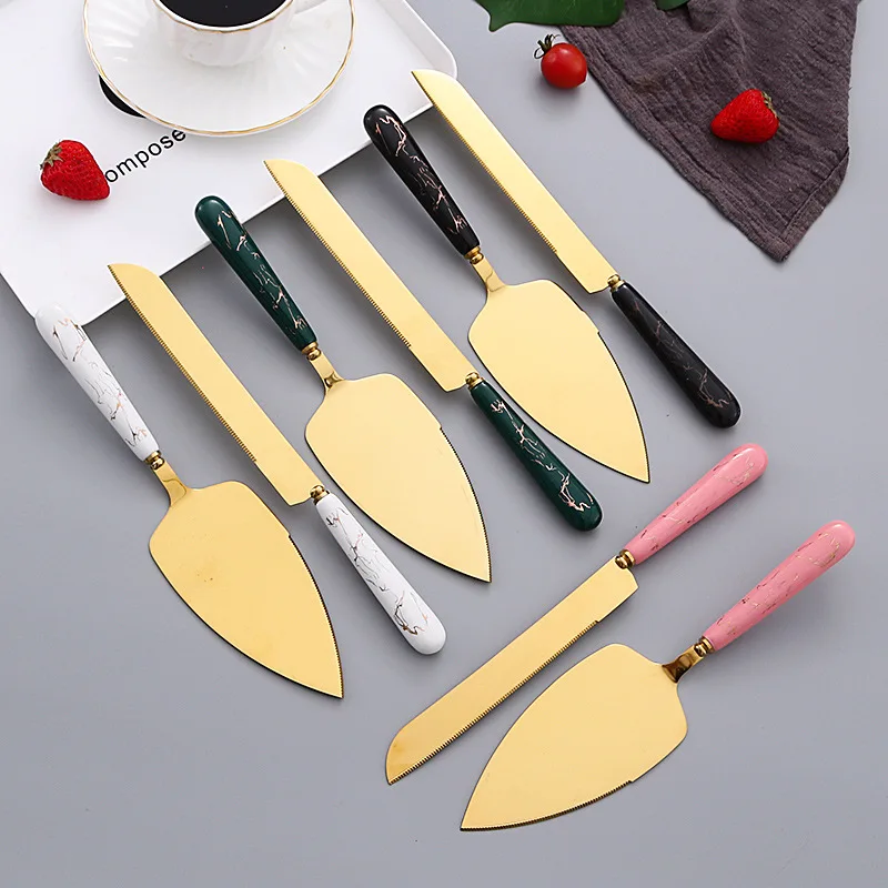 2Pcs Set Gold Stainless Steel Wedding Cake Knife Cut Shovel Cutlery Server Bakery Pizza Butter Tool Ceramic Handle With Gift Box