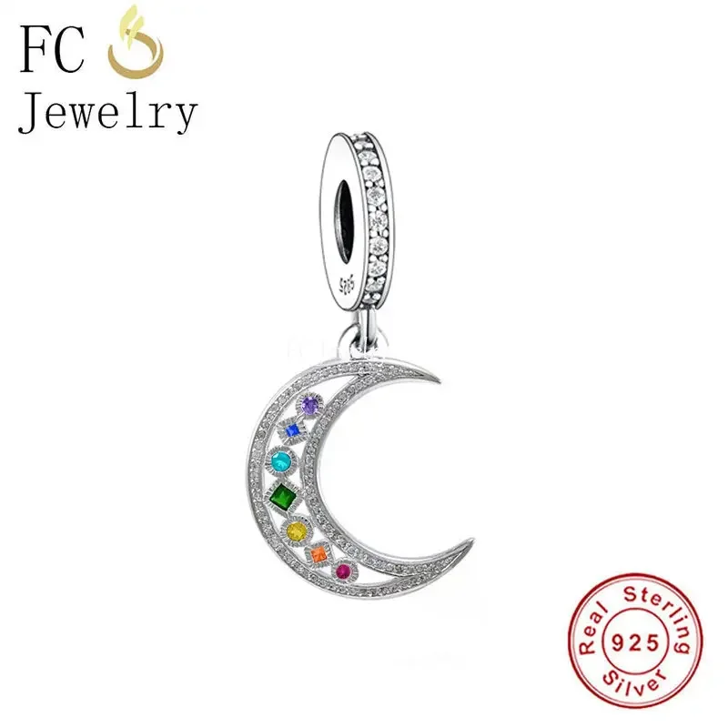 

Fit Original Pan Charms Bracelet 925 Silver Good Luck Crescent Moon 7 Chakra Healing Zircon Bead For Making Women Berloque DIY