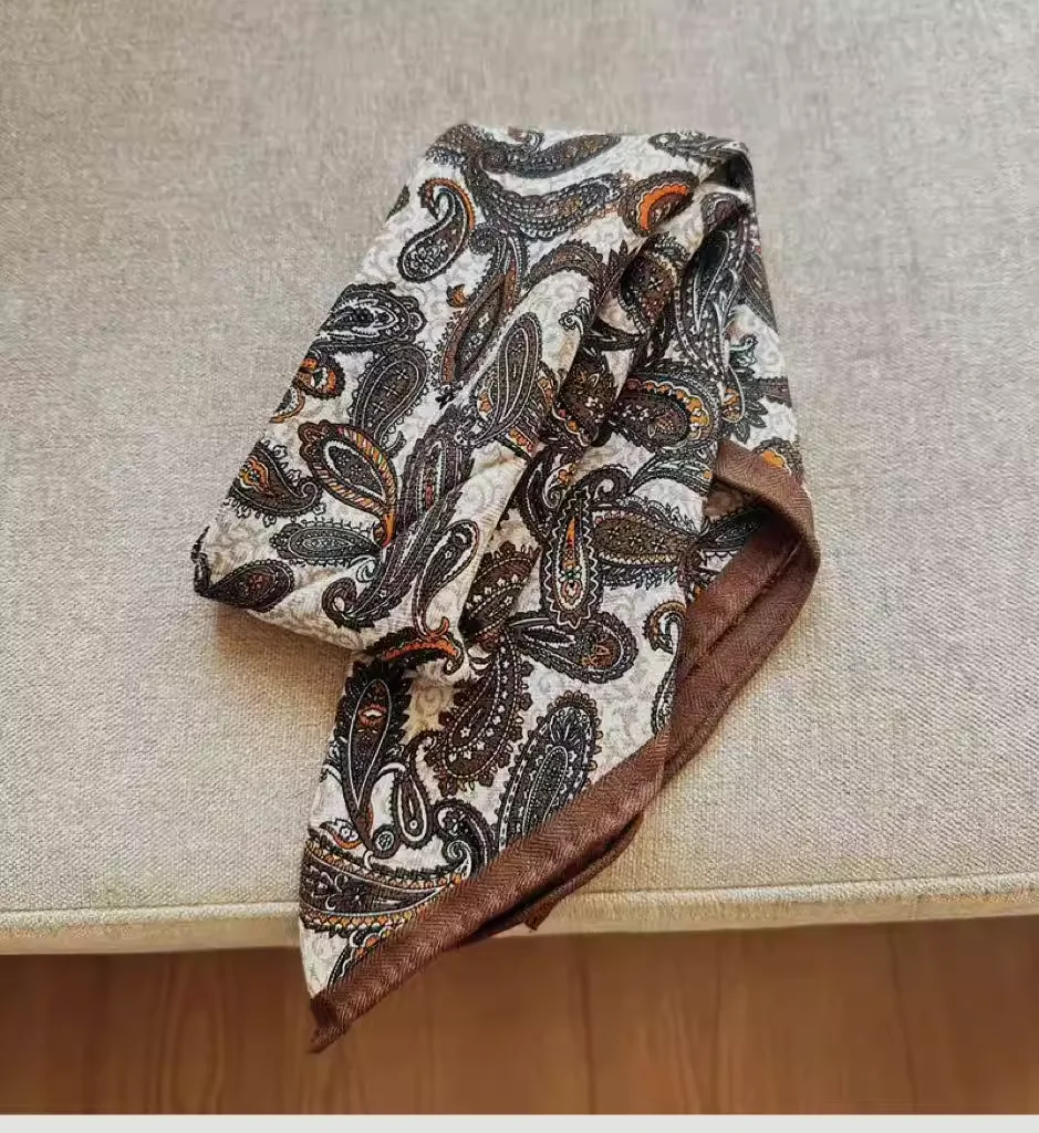 2026 Pure Wool Scarf Man Winter Coffee Paisley Pattern Square Scarf Ethnic Vintage Scarf Neck Warmer Women's Bandana